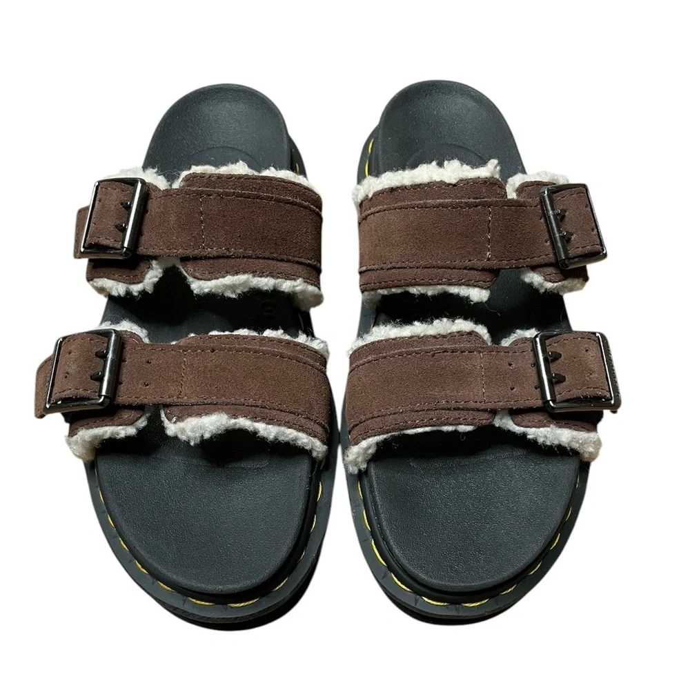 Dr. Martens Myles Suede Fur-Lined Buckle Slide Sandals Dark Brown Women’s Size 8 - Picture 3 of 10